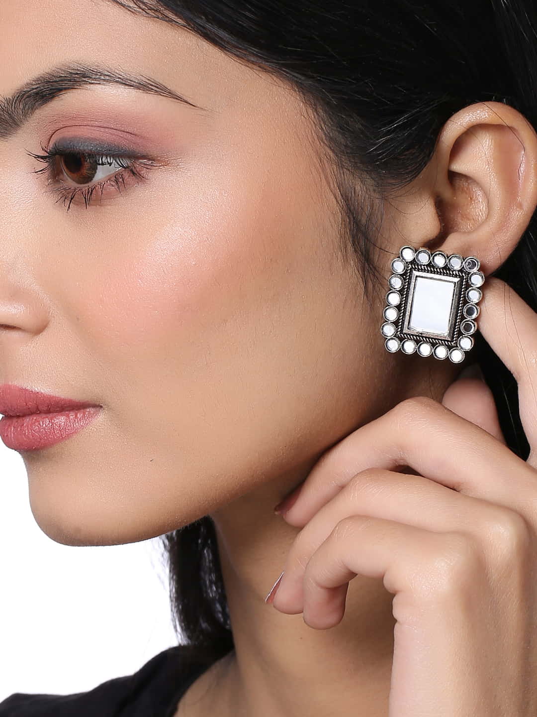 Square Shape Oxidised Mirror Stud Earrings