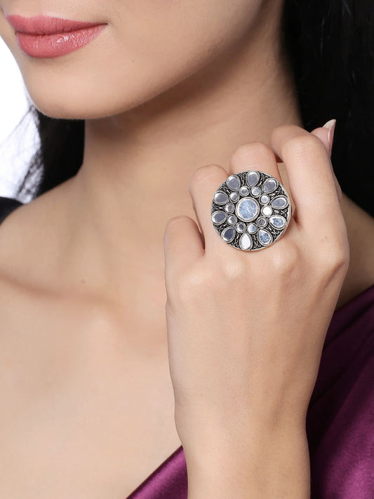 Antique Oxidised Floral Shape Mirror Ring