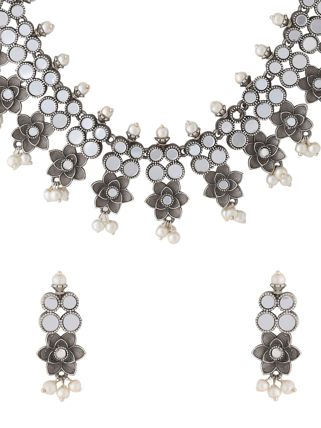 antique-oxidised-floral-shape-mirror-necklace-set-viraasi