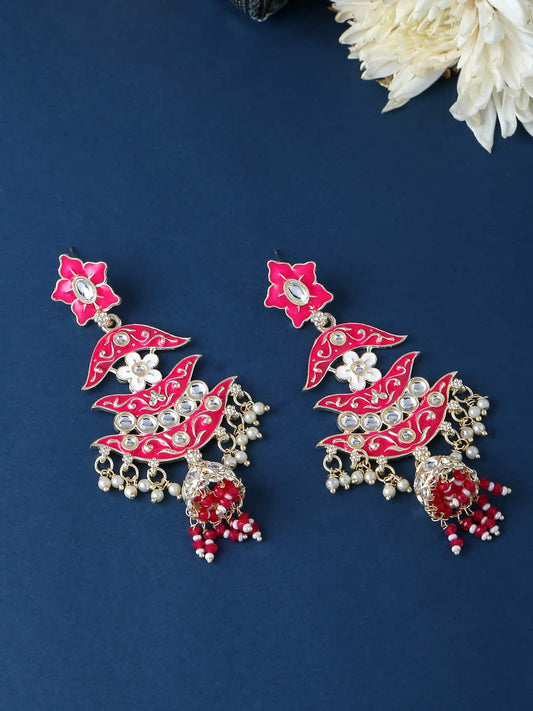 Gold Plated Enamel Meenakari Dangle Earrings-Pink