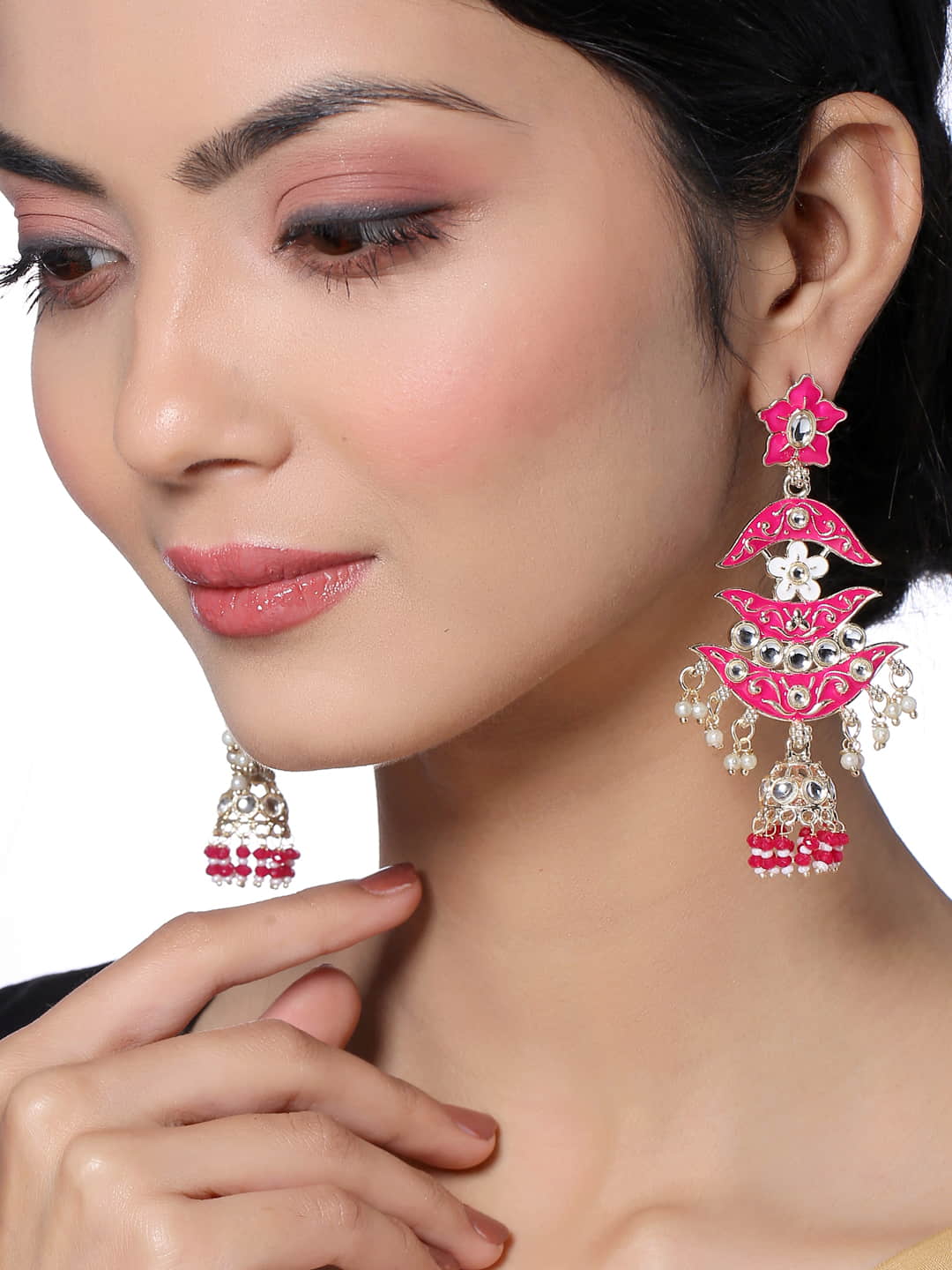 Gold Plated Enamel Meenakari Dangle Earrings-Pink
