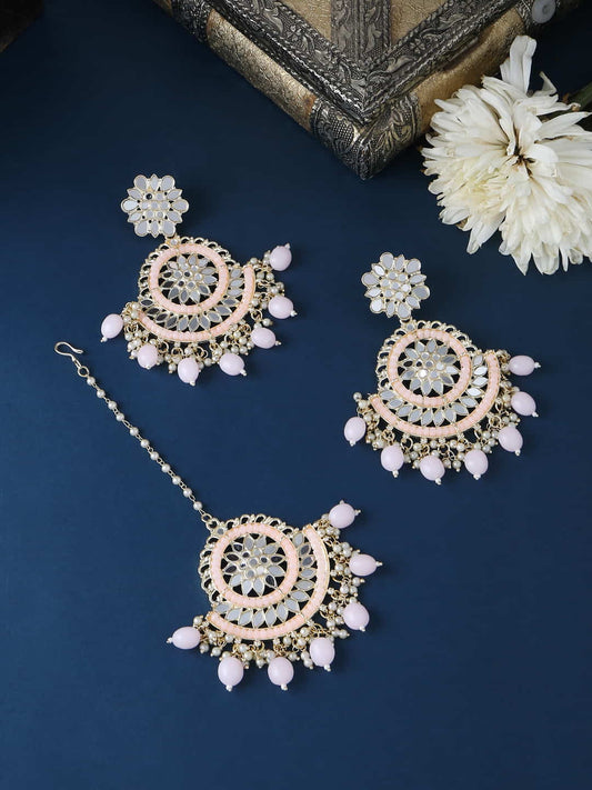 Handcrafted Mirror Earrings and Maang Tikka Set-Pink