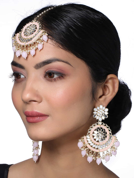 Handcrafted Mirror Earrings and Maang Tikka Set-Pink