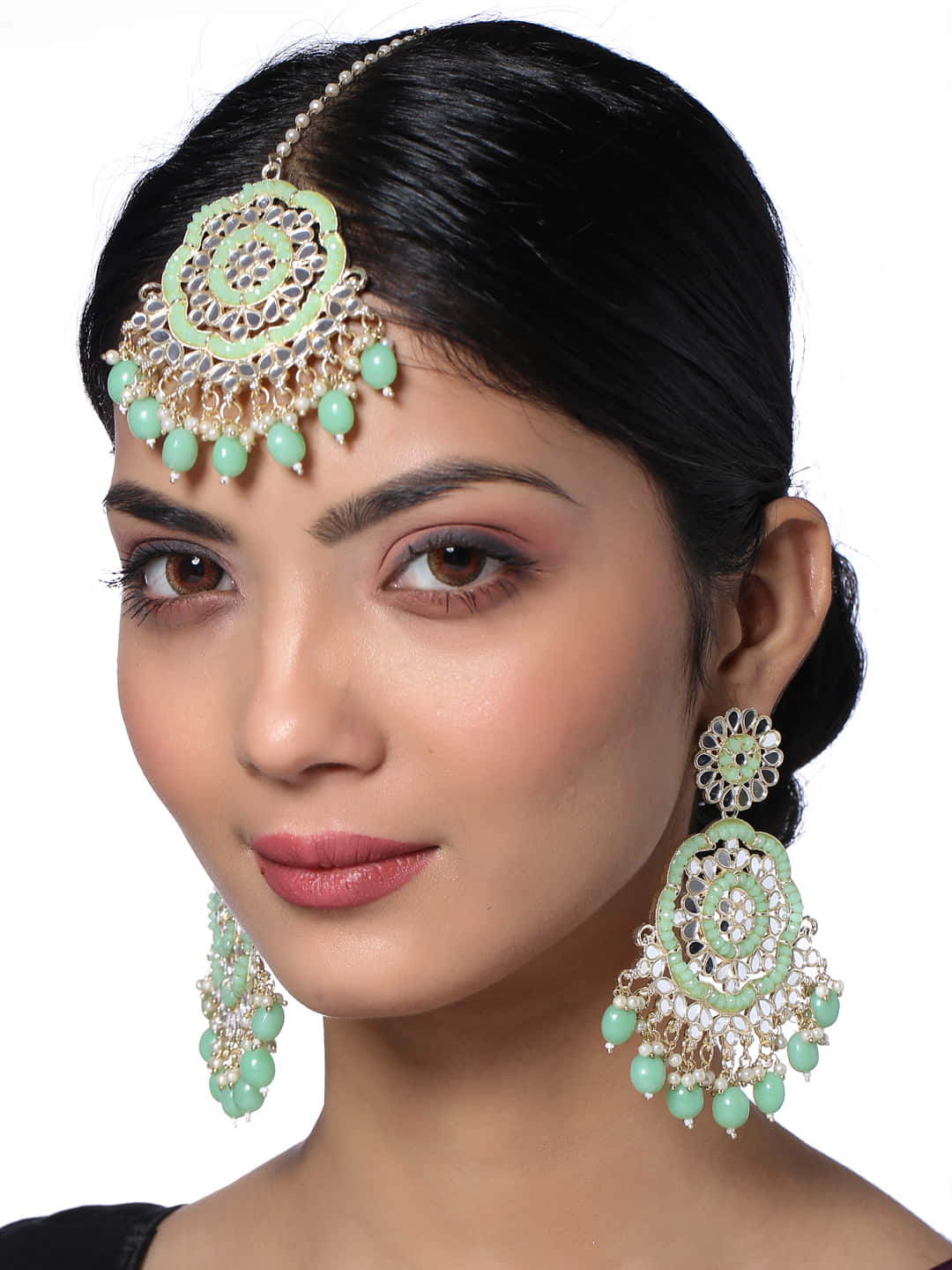 Bohemian Mirror Earrings and Maang Tikka Set-Green