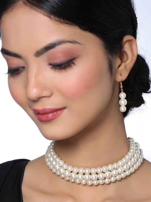 Three Layer Pearl Necklace with Earrings