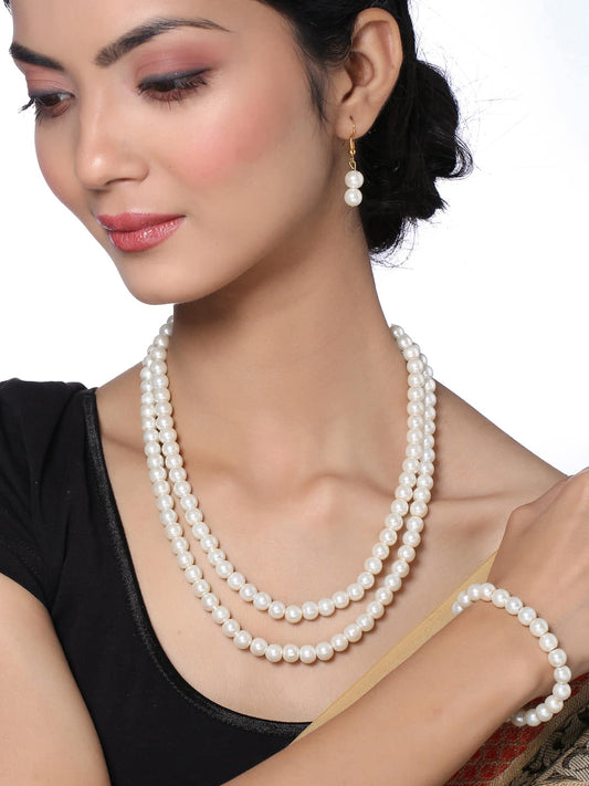 White Pearl Layered Necklace with Dangle Earrings