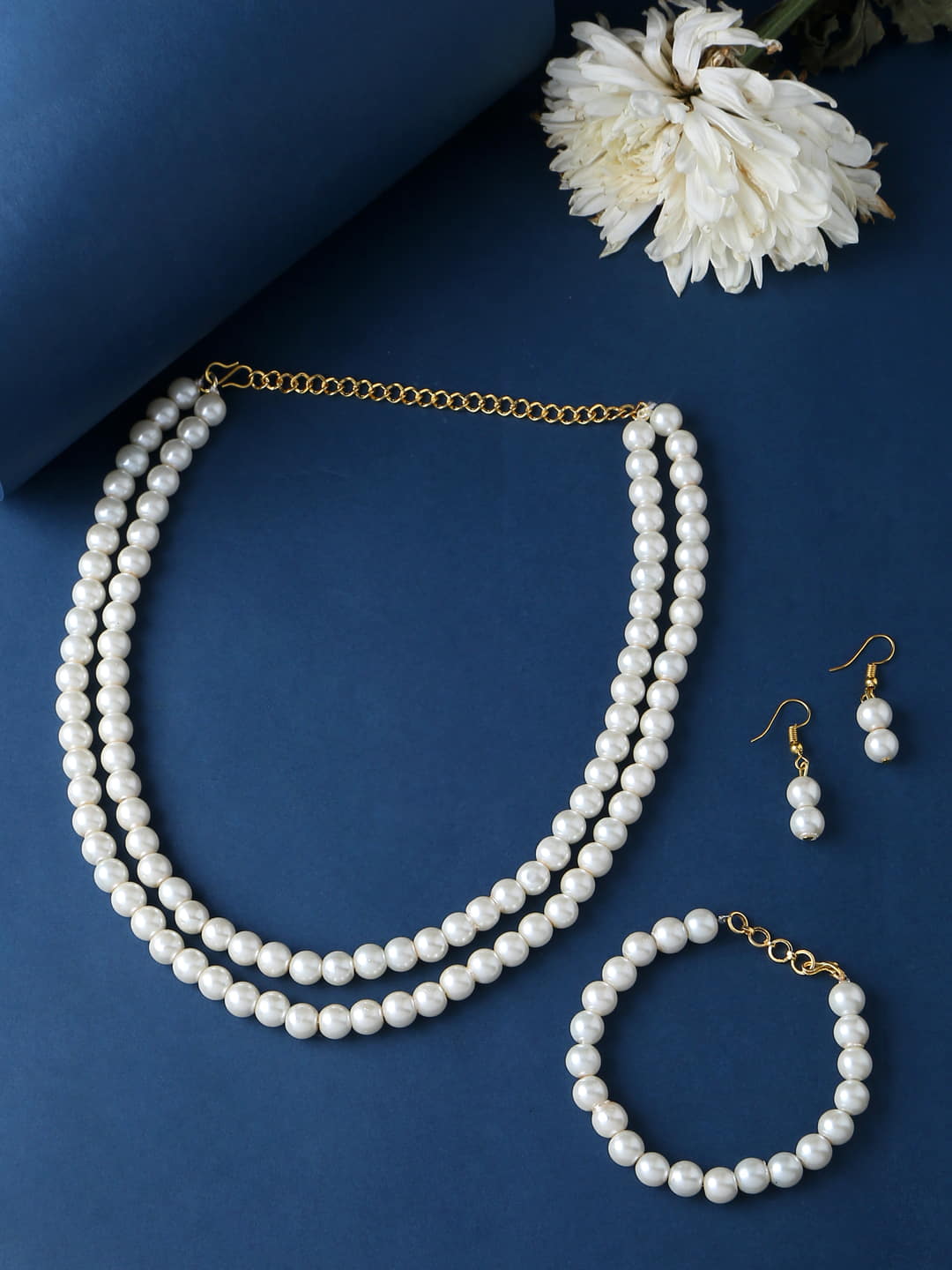 White Pearl Layered Necklace with Dangle Earrings