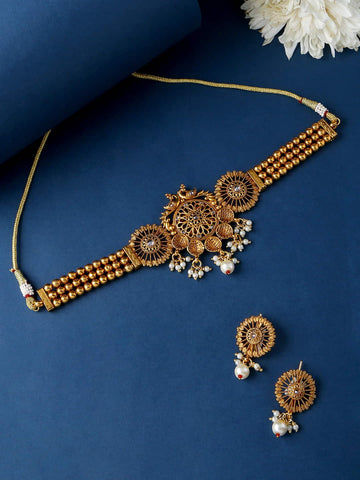 Gold Plated Choker Necklace Set with Pearls