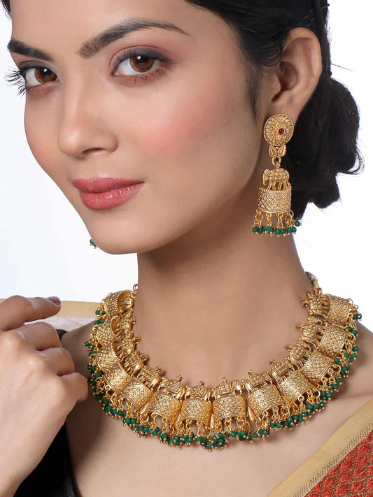 gold-plated-elephant-filigree-with-beads-handcrafted-necklace-set-viraasi