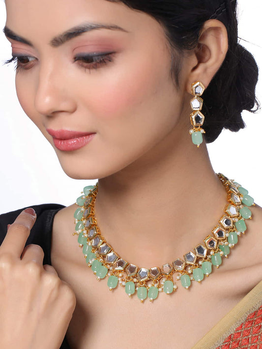 Gold Plated Mint Green Kundan Necklace Set