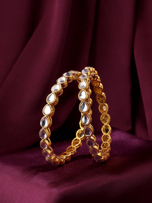 Set of 2 Gold-Plated Drop Shaped Kundan Studded Bangles