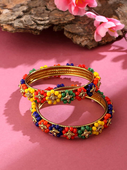 Colorful Floral Shape Gold Plated Bangles Set of 2