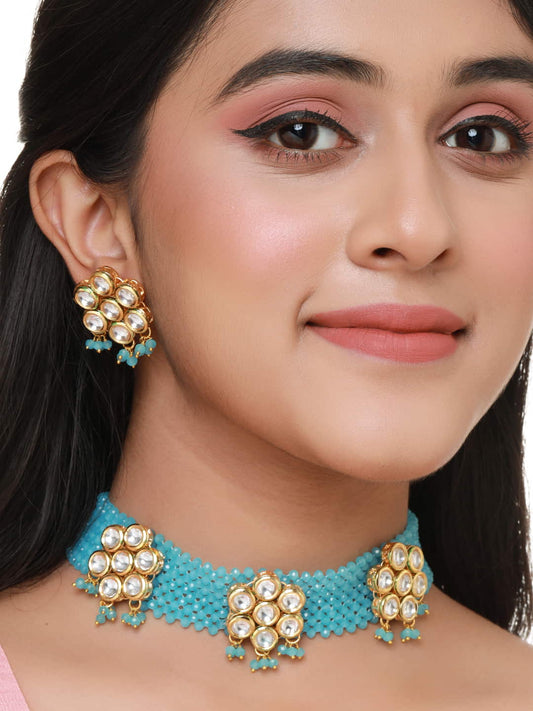 Turquoise Color Kundan Studded Jewellery Set