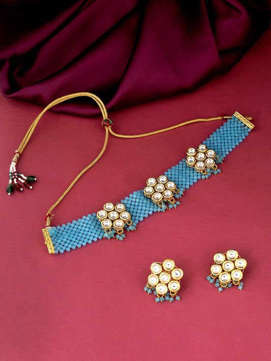 Turquoise Color Kundan Studded Jewellery Set