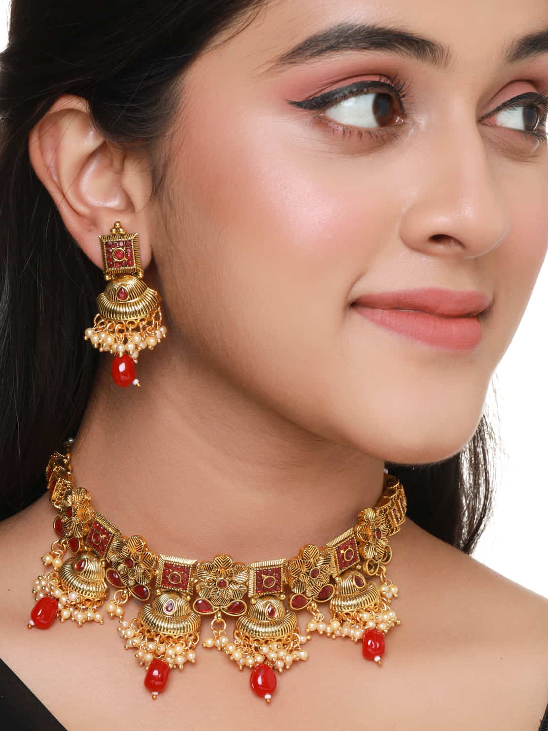 gold-plated-choker-necklace-set-with-red-stones-viraasi