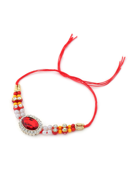 Red Stone and Diamond Studded Rakhi for Bhai