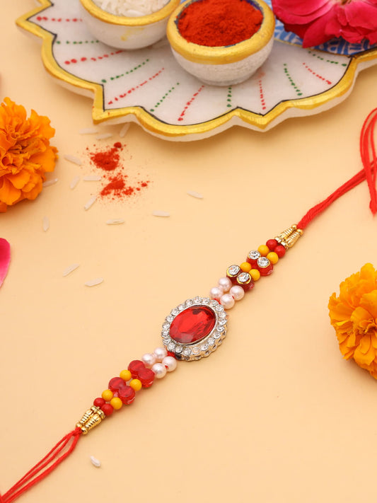 Red Stone and Diamond Studded Rakhi for Bhai