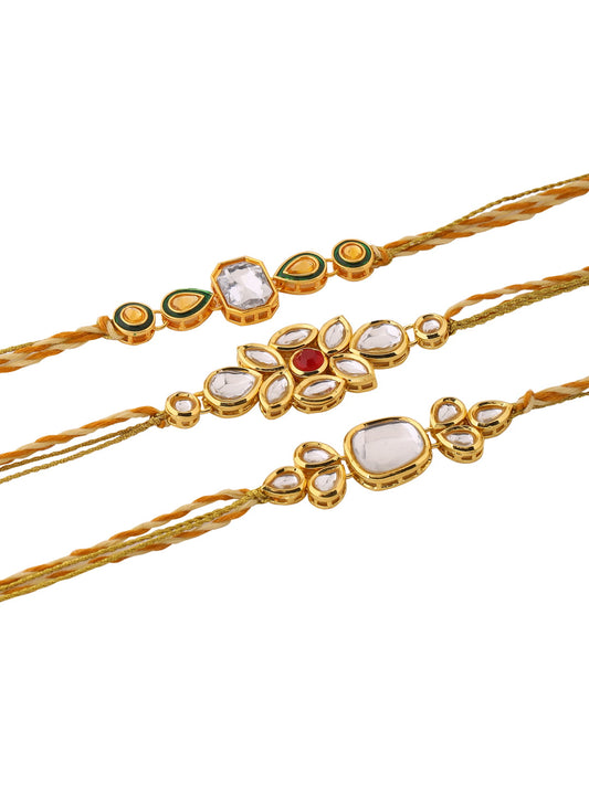 Set of 3 Gold Toned Kundan Rakhi for Brother