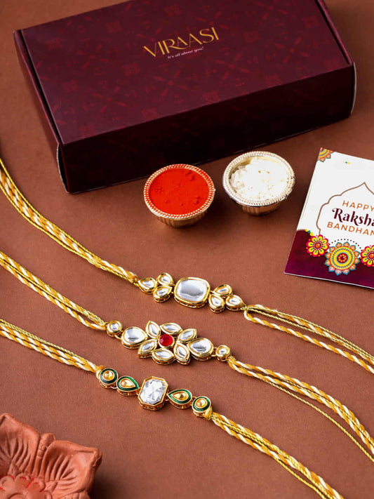 Set of 3 Gold Toned Kundan Rakhi for Brother