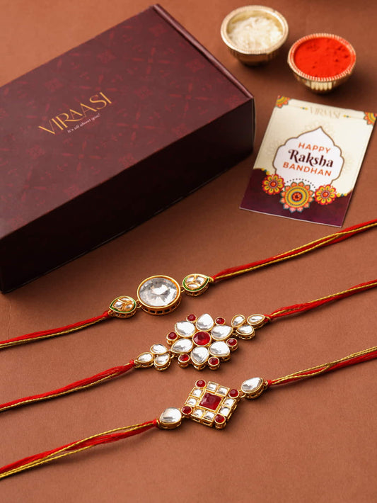 Set of 3 Red and Gold Toned Kundan Rakhi for Brother
