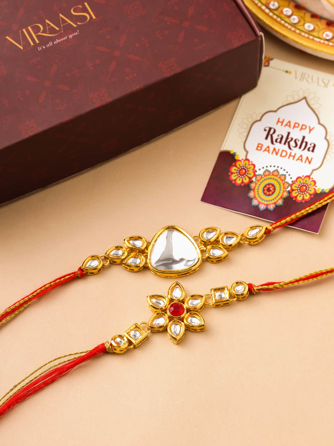 Set of 2 Red and Gold Toned Kundan Rakhi for Brother