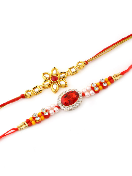Set of 2 Red and Gold Toned Kundan Rakhi for Brother