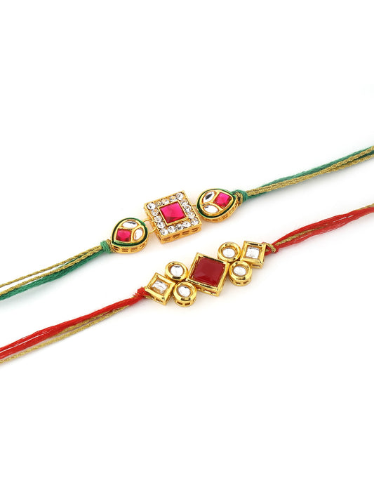 Set of 2 Red and Green Kundan Rakhi for Brother