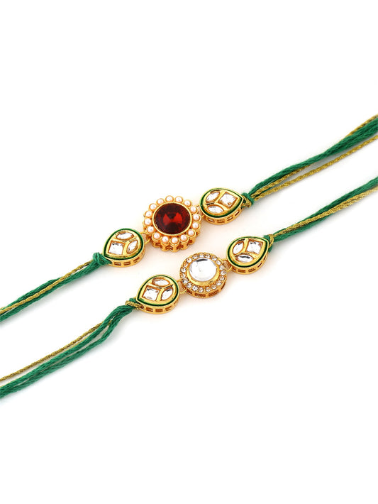 Set of 2 Green and Gold Toned Kundan Rakhi for Brother