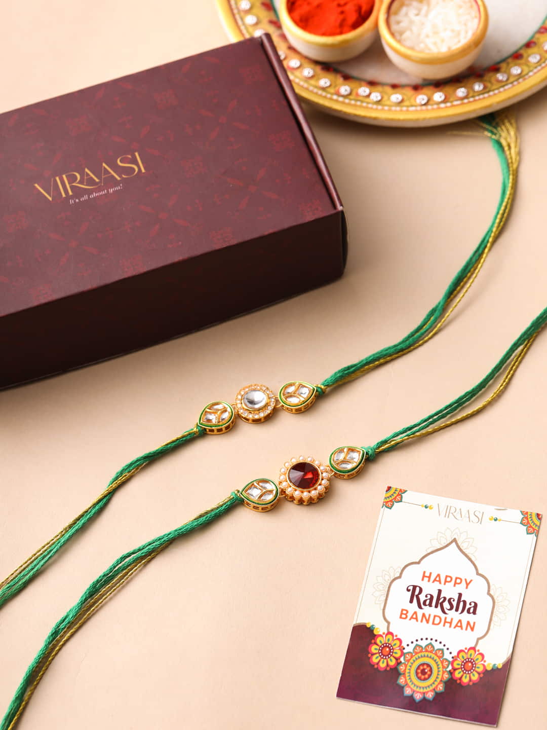 Set of 2 Green and Gold Toned Kundan Rakhi for Brother