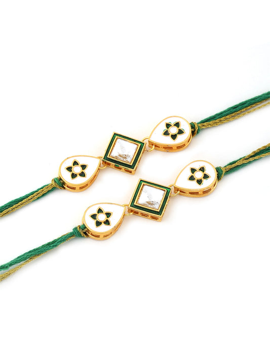 Set of 2 Green and Gold Toned Kundan Rakhi for Brother
