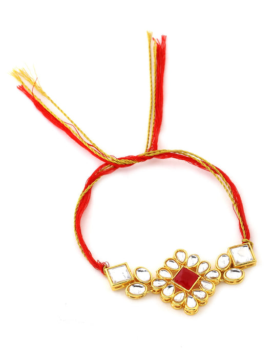 Red and Gold Toned Kundan Rakhi for Brother