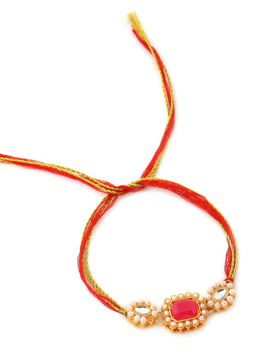 Red and Gold-Toned Kundan Pearl Rakhi for Brother