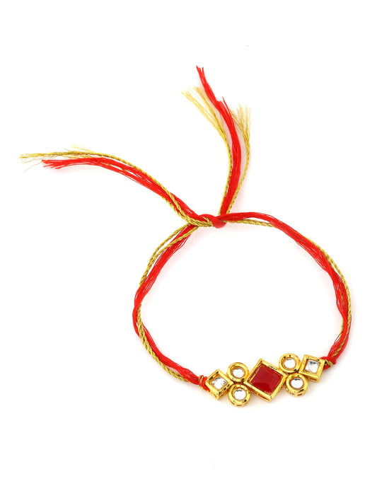 Red and Gold-Toned Kundan Rakhi for Brother