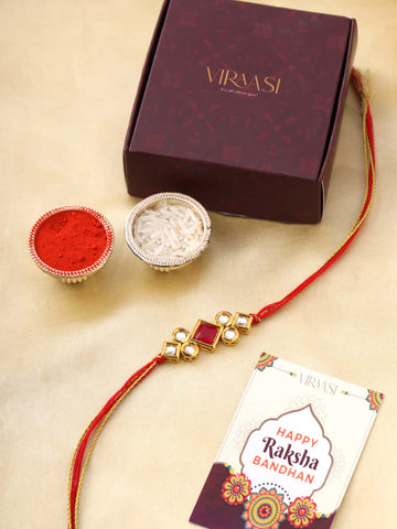 Red and Gold-Toned Kundan Rakhi for Brother