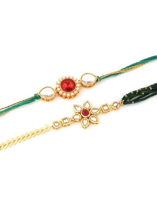 Green and Gold-Toned Kundan Bhaiya Bhabhi Rakhi
