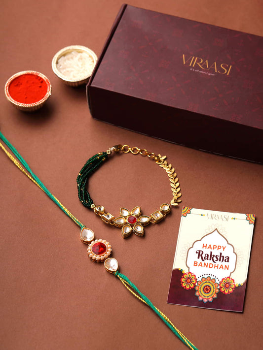 Green and Gold-Toned Kundan Bhaiya Bhabhi Rakhi