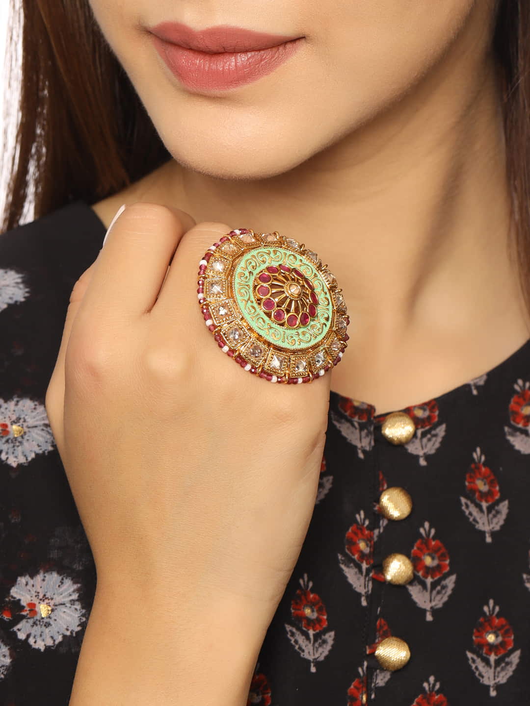 Gold Plated Kundan Meena Ring-Viraasi