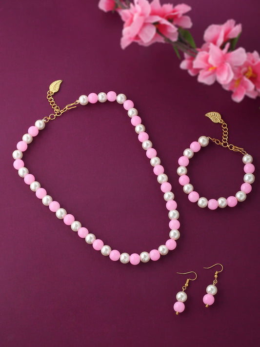 Pink and White Pearl Necklace Set with Bracelet-Viraasi