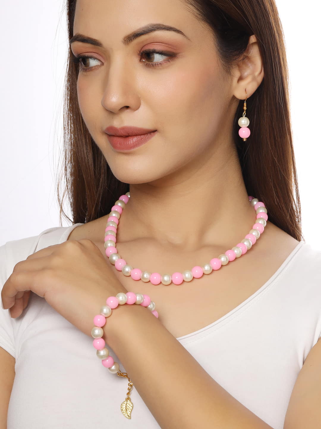 Pink and White Pearl Necklace Set with Bracelet-Viraasi