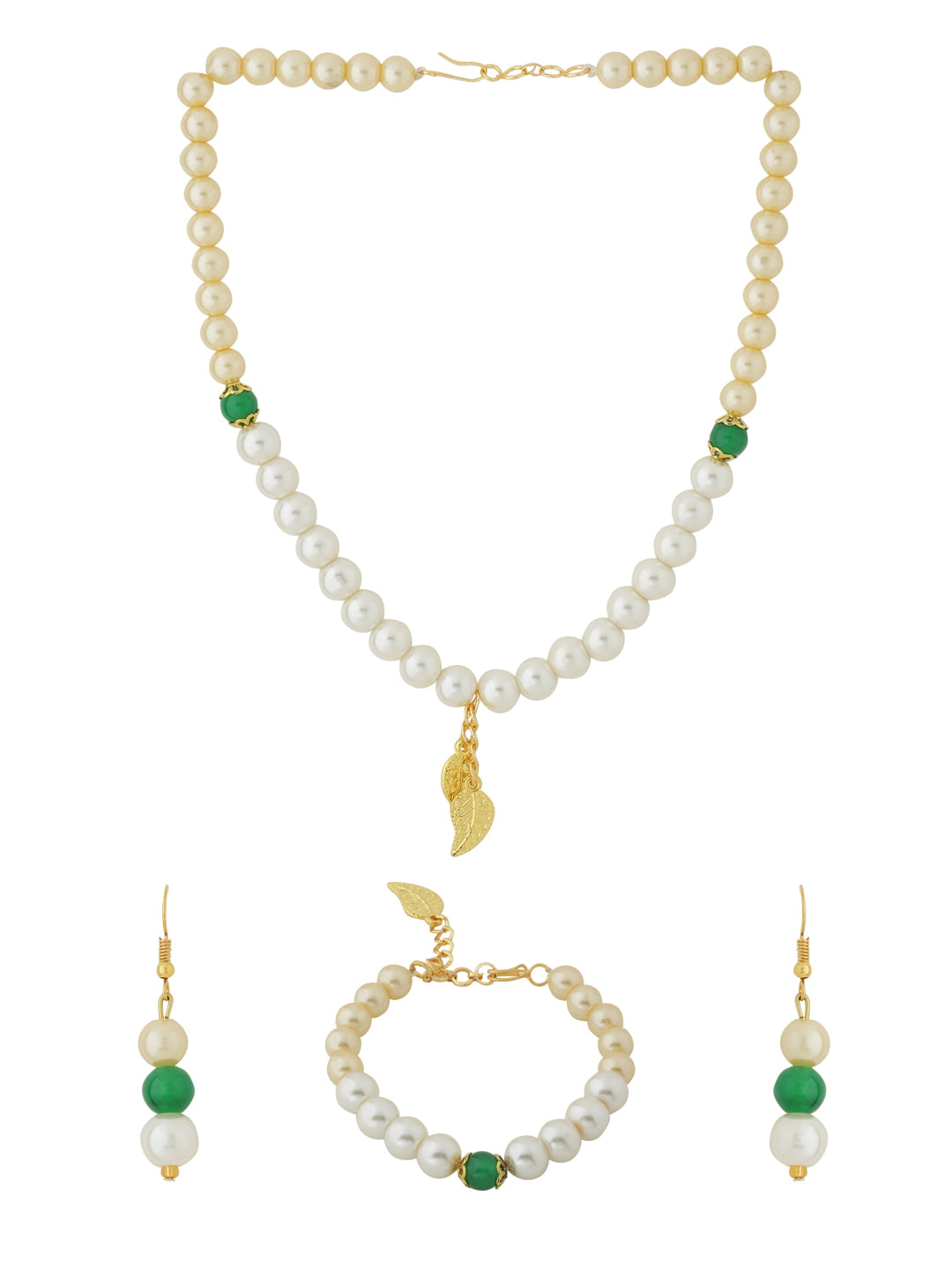 Green and White Pearl Necklace Set with Bracelet-Viraasi