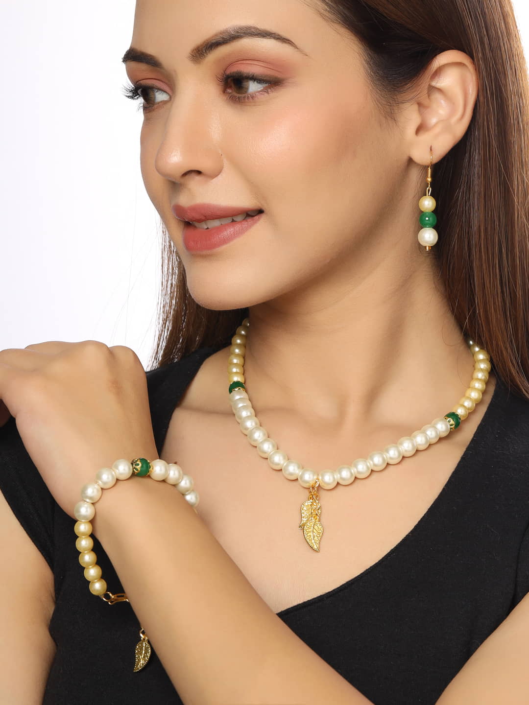 Green and White Pearl Necklace Set with Bracelet-Viraasi
