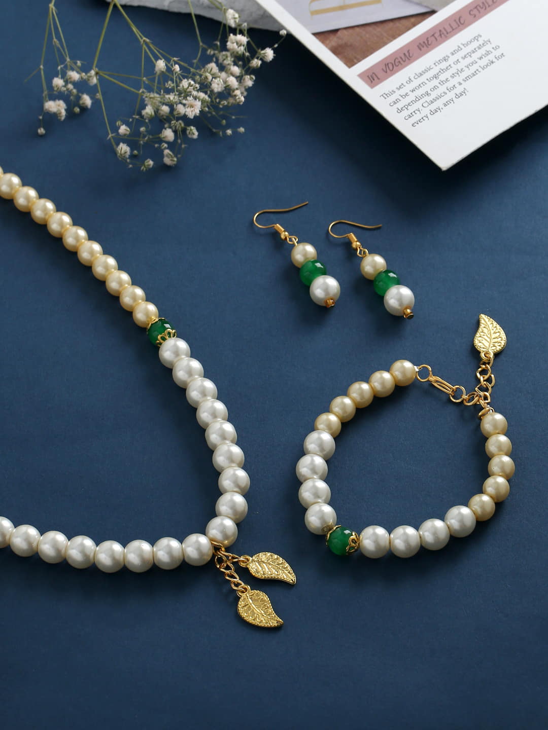 Green and White Pearl Necklace Set with Bracelet-Viraasi