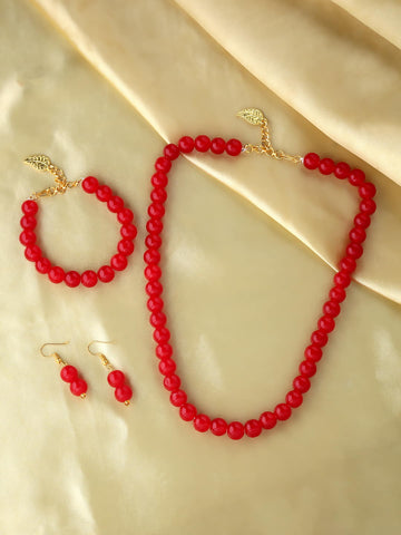 Gold Plated Red Pearl Necklace Set with Bracelet-Viraasi