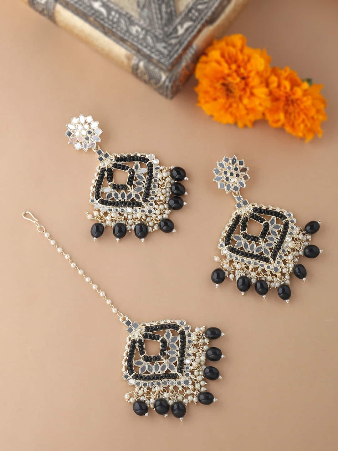 Mirror Maang Tikka and Earrings Set with Black Beads-Viraasi