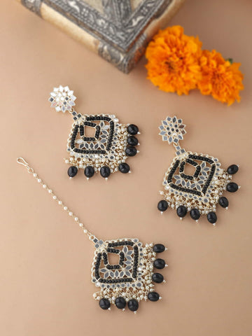 Mirror Maang Tikka and Earrings Set with Black Beads-Viraasi