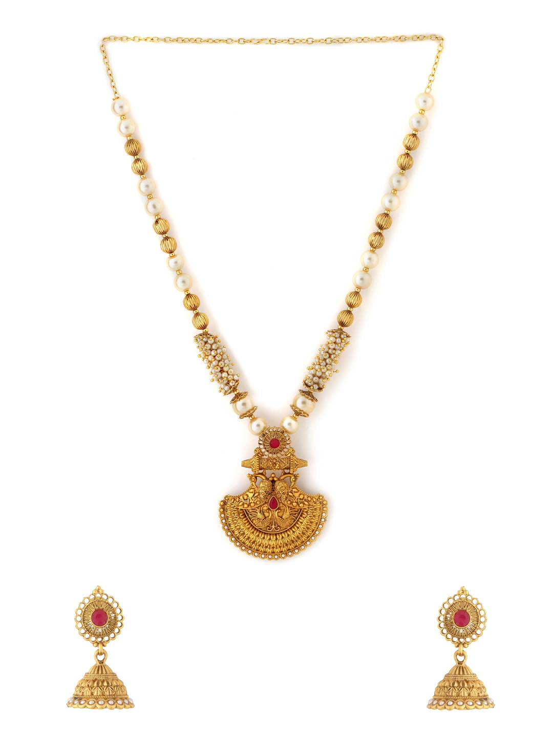 Gold Plated Pearl Mala Long Necklace with Earrings-Viraasi