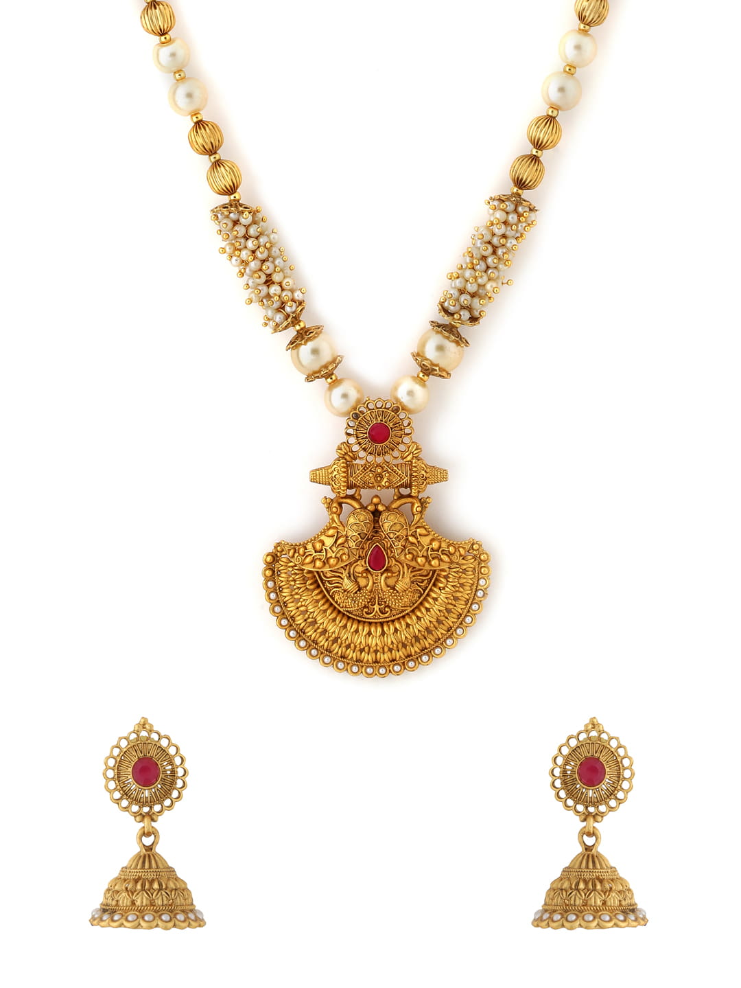 Gold Plated Pearl Mala Long Necklace with Earrings-Viraasi