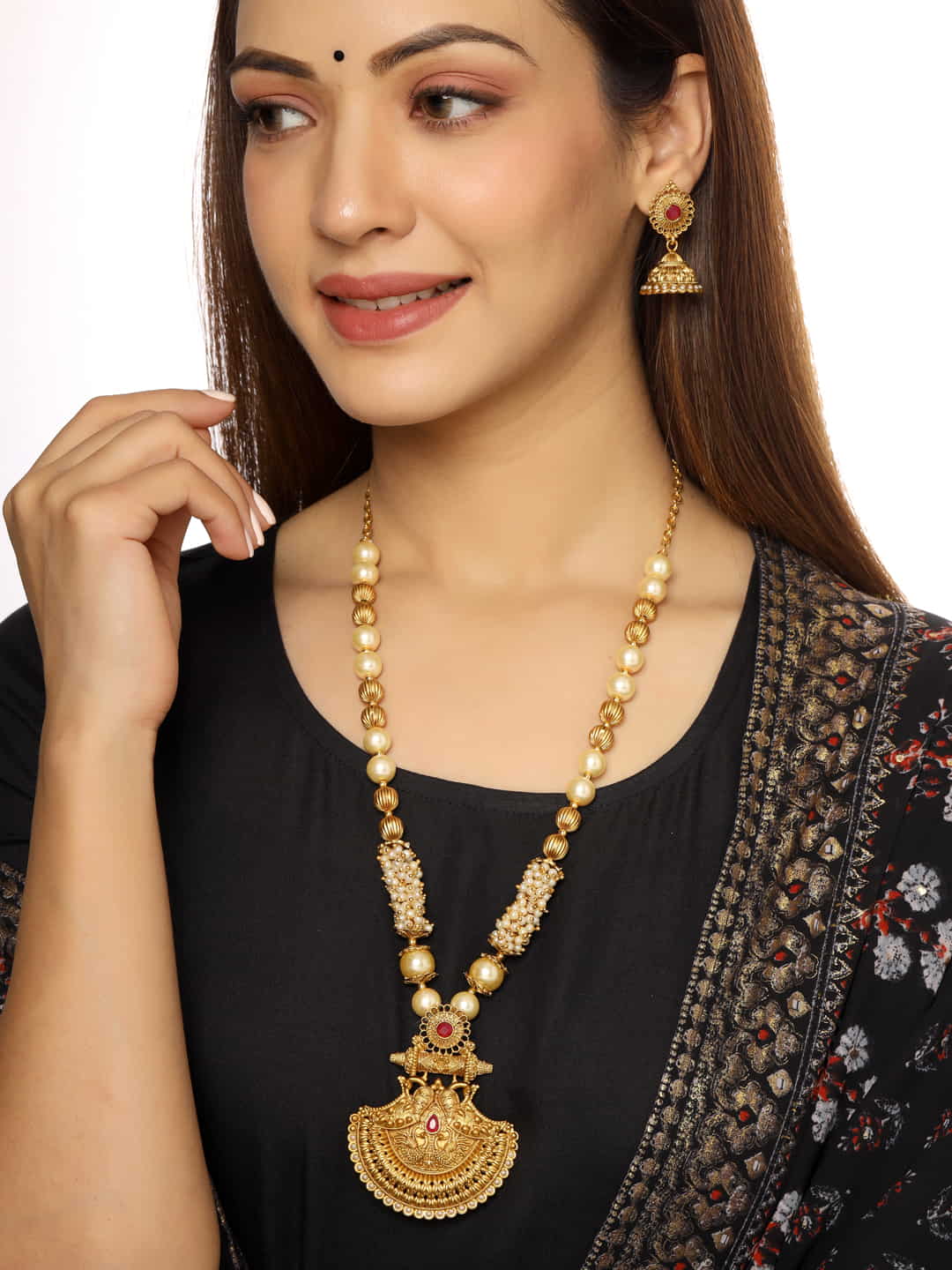 Gold Plated Pearl Mala Long Necklace with Earrings-Viraasi