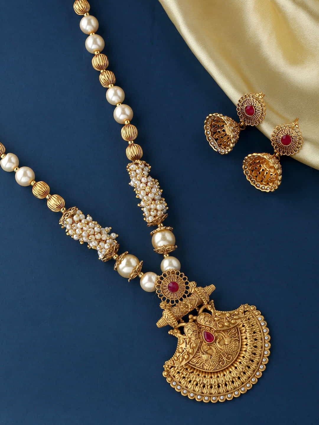 Gold Plated Pearl Mala Long Necklace with Earrings-Viraasi