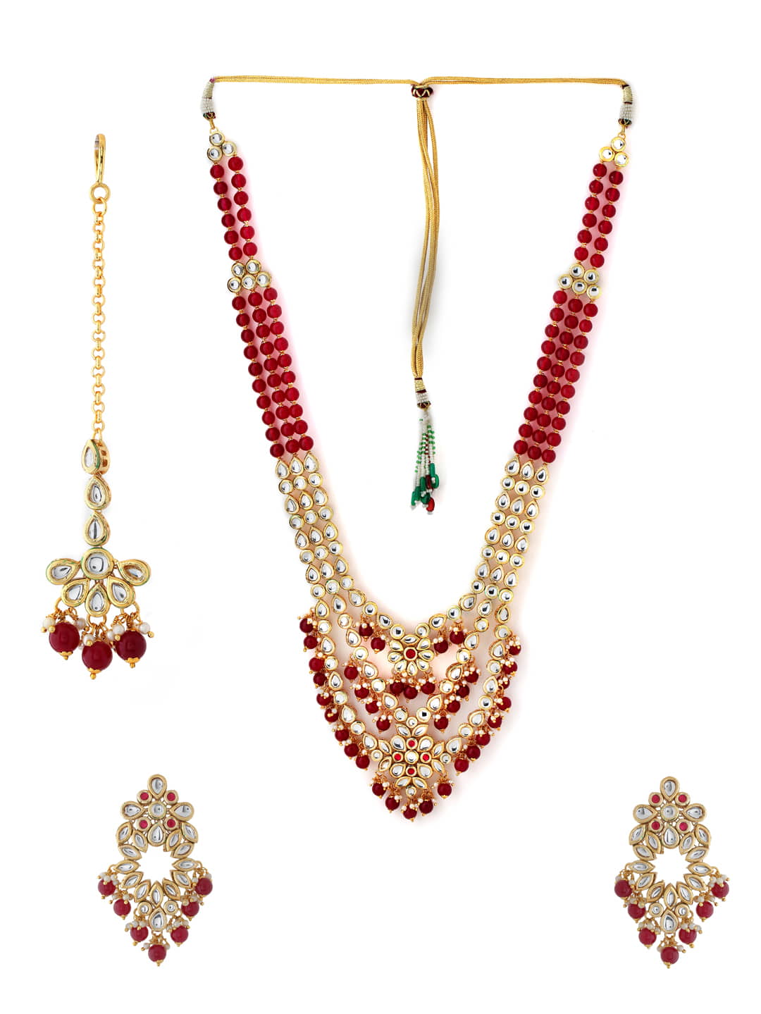 Gold Plated Kundan Bridal Long Necklace Set with Maang Tikka